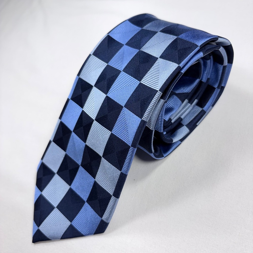 Michael Kors Silk Tie Mens Blue Navy Checkerboard Geometric Pattern Classic 3.25